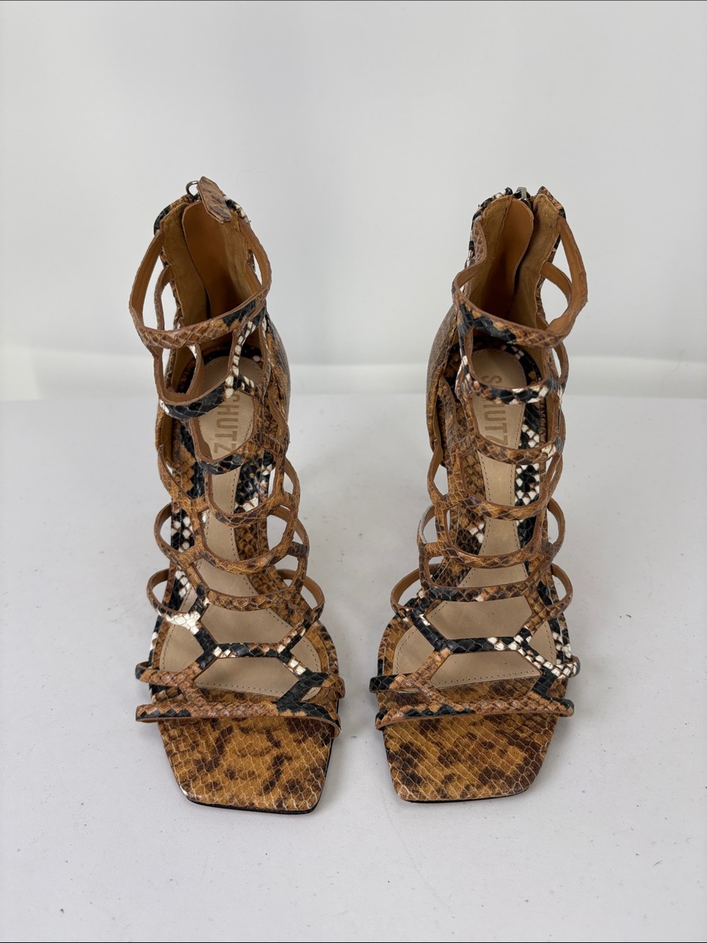 🐳 nwob SCHUTZ Brown Snake-Print Strappy cage High Heel Sandal Julianna.
